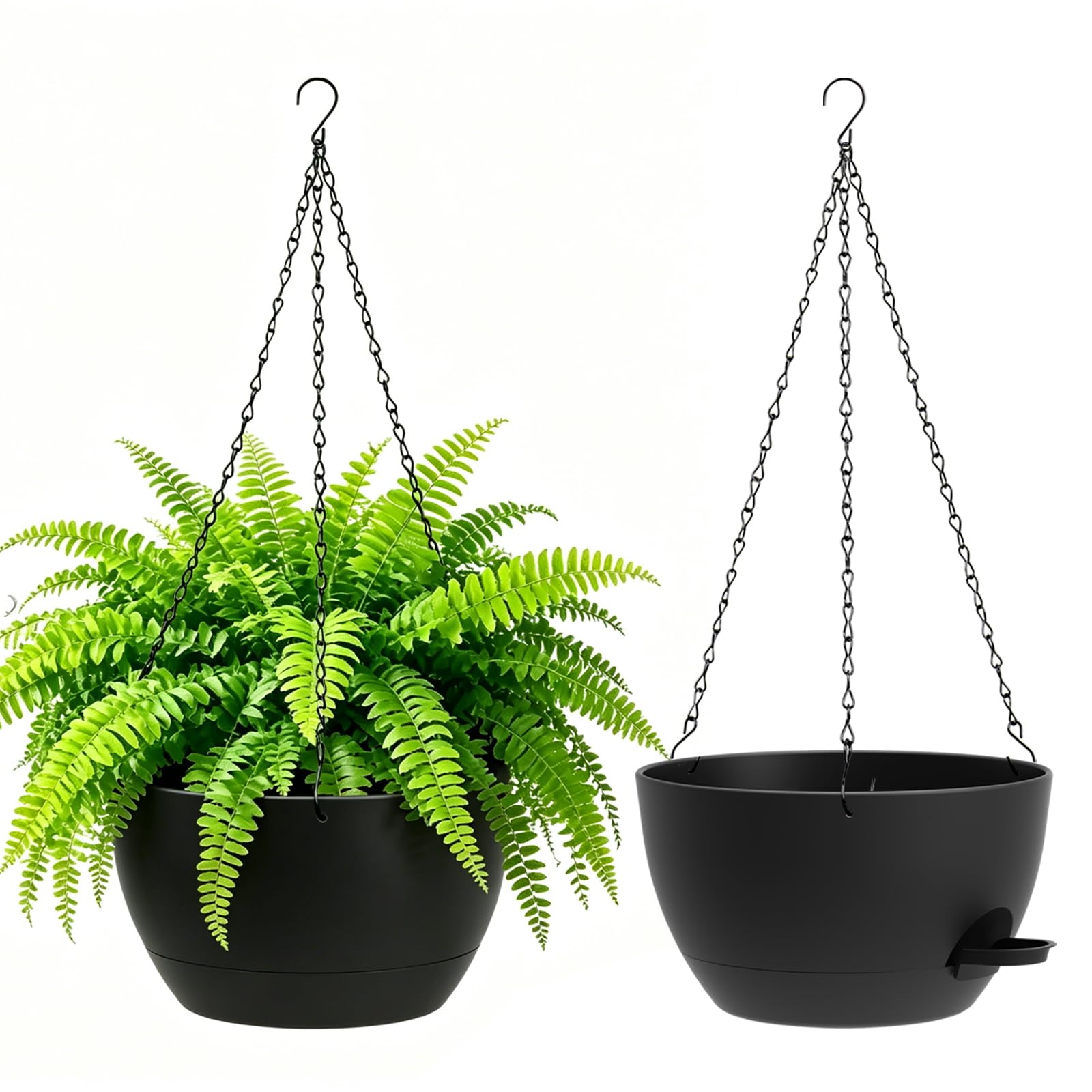 WSMKSZ 25 cm Self Watering Hanging Planters Indoor Outdoor, 2 Pack Plastic Hanging Plant Pots with Drainage Holes & Removable Reservoir, Hanging Baskets for Garden Balcony Porch and Flower, Black