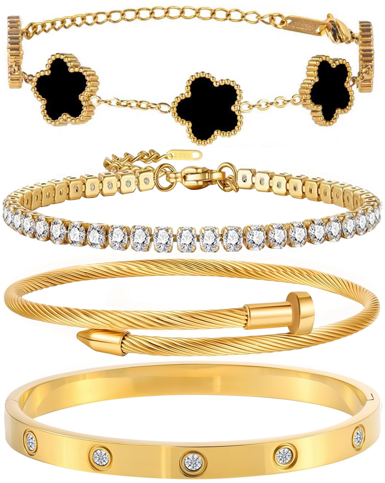 18K Gold Plated Nail Love Bangle Bracelet Set for Women Stackable Floral Clover Adjustable Tennis Bracelet Non Tarnish