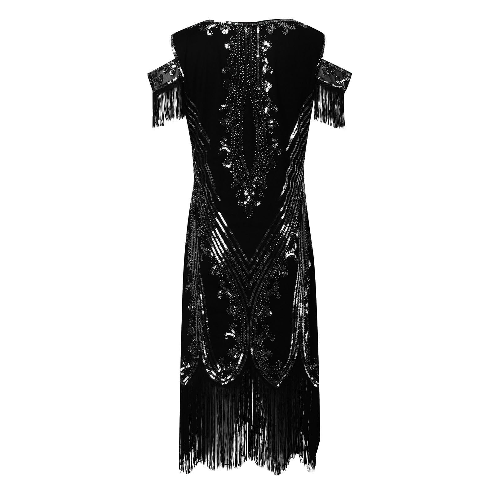 Damen Kleider Elegant Partykleid Knielanges Flapper Partykleid der 1920er Jahre Quastensaum Pailletten Cocktailkleider mit Accessoires Kostümset für Bierfest Karneval Halloween