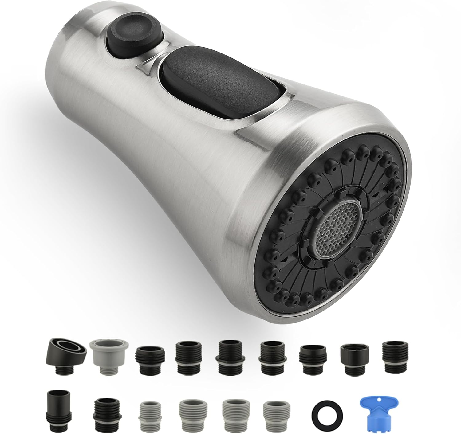 Universal Kitchen Faucet Head Replacement Brushed Nickel,ABS Sink Faucet Head,3 Function Pull Down Spray Nozzle with 15 Adapter,Compatible with Moen,Delta,Kohler,WEWE,American Standard Faucet