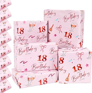 GYOYEDE 8 Sheets 18th Birthday Wrapping Paper,70x50cm Rose Gold Pink Gift Wrap 18th Birthday Gifts for Girls, Eco-Friendly Birthday Gift Wrapping Paper for Birthday Parties Decorations.