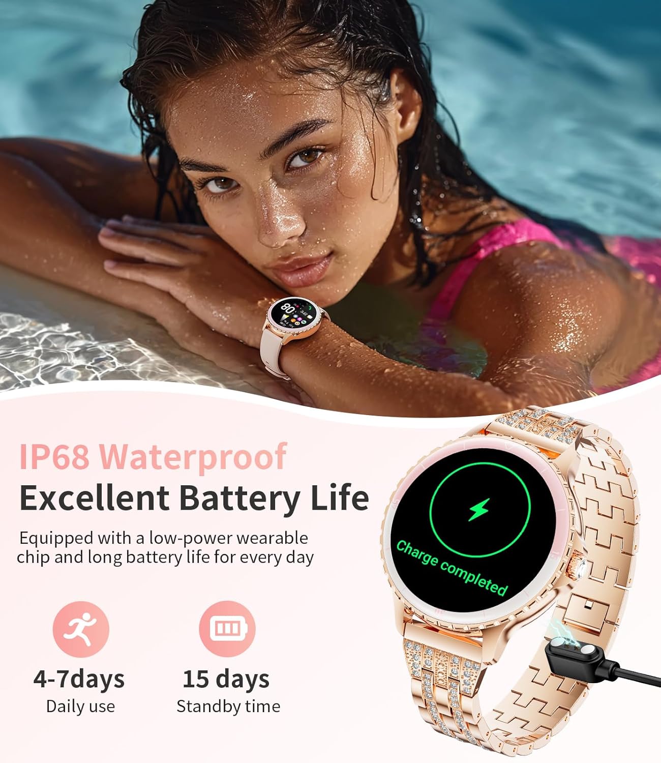 SUNKTA Smart Watch for Women (Answer/Make Call),1.27" Curved Display​ Smartwatch with Female Cycle/Sleep Monitor,5ATM Waterproof Fitness Tracker 100 Sport Modes Pedometer for Android/iOS,Gold Diamond - Image 9