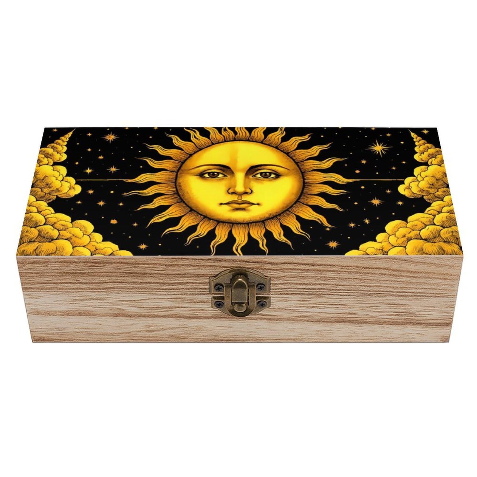SMAZDFXX Sun Crescent Moon Stars Astrology Cards Wooden Storage Box With Hinged Lid Decorative Front Clasp Keepsake Boxes