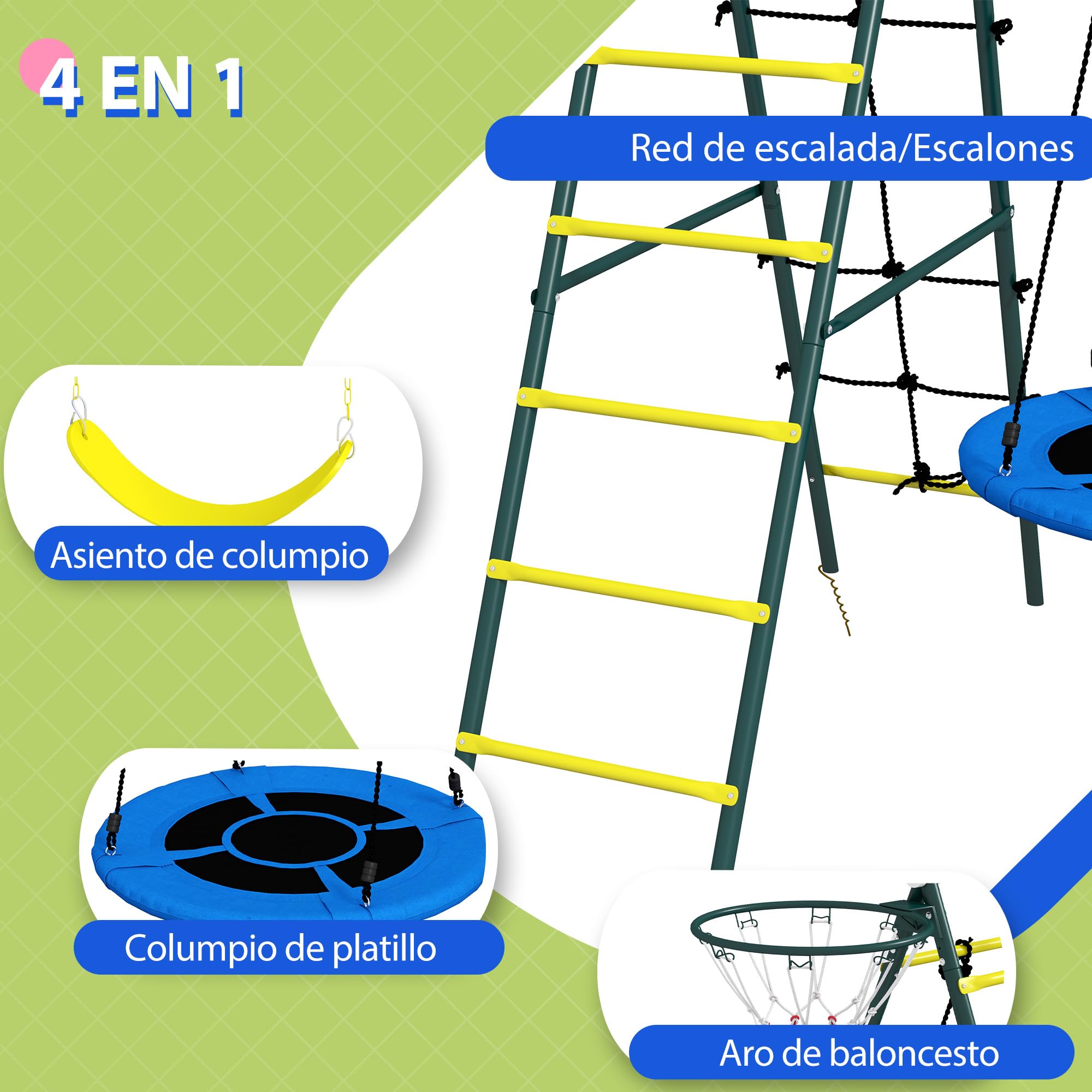 Outsunny Columpio Infantil 4 en 1 Exterior Nido Niños 3 a 8 Años Amarillo | Columpio Individual, Red para Escalar, Canasta de Baloncesto, Escalera, Carga 160 kg, Parque Infantil