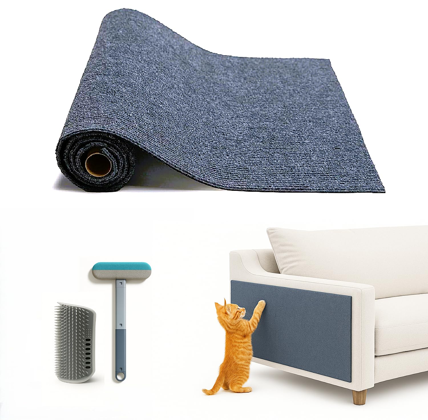 Protector Sofa Gatos Arañazo (200x40cm) Autoadhesivo + Cepillo Quita Pelos + Cepillo Masajeador | Pack Completo para Proteger Muebles | Reutilizable y Seguro para Mascotas
