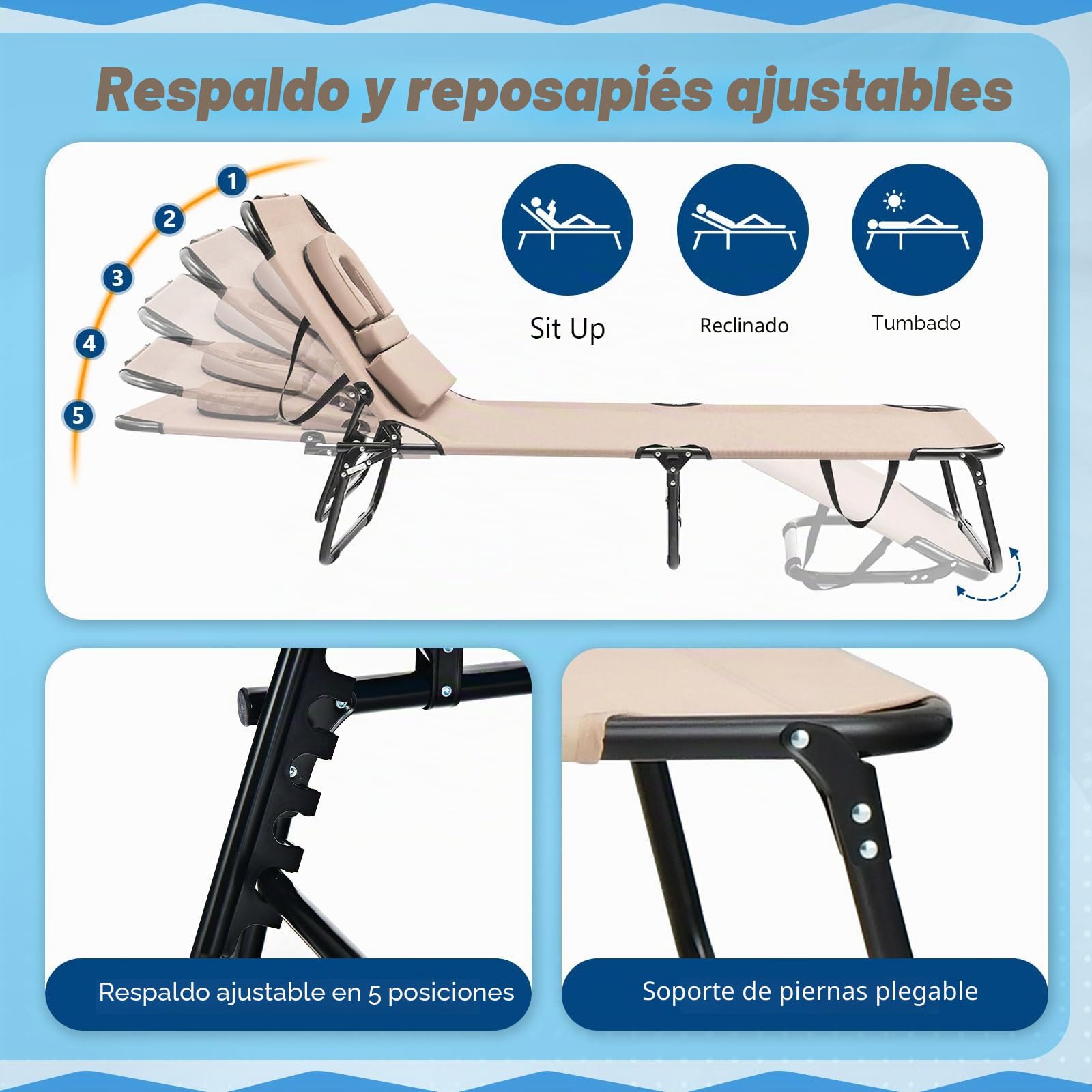 KOMFOTTEU Tumbona Plegable con 3 Reposacabezas Extraíbles (Beige)