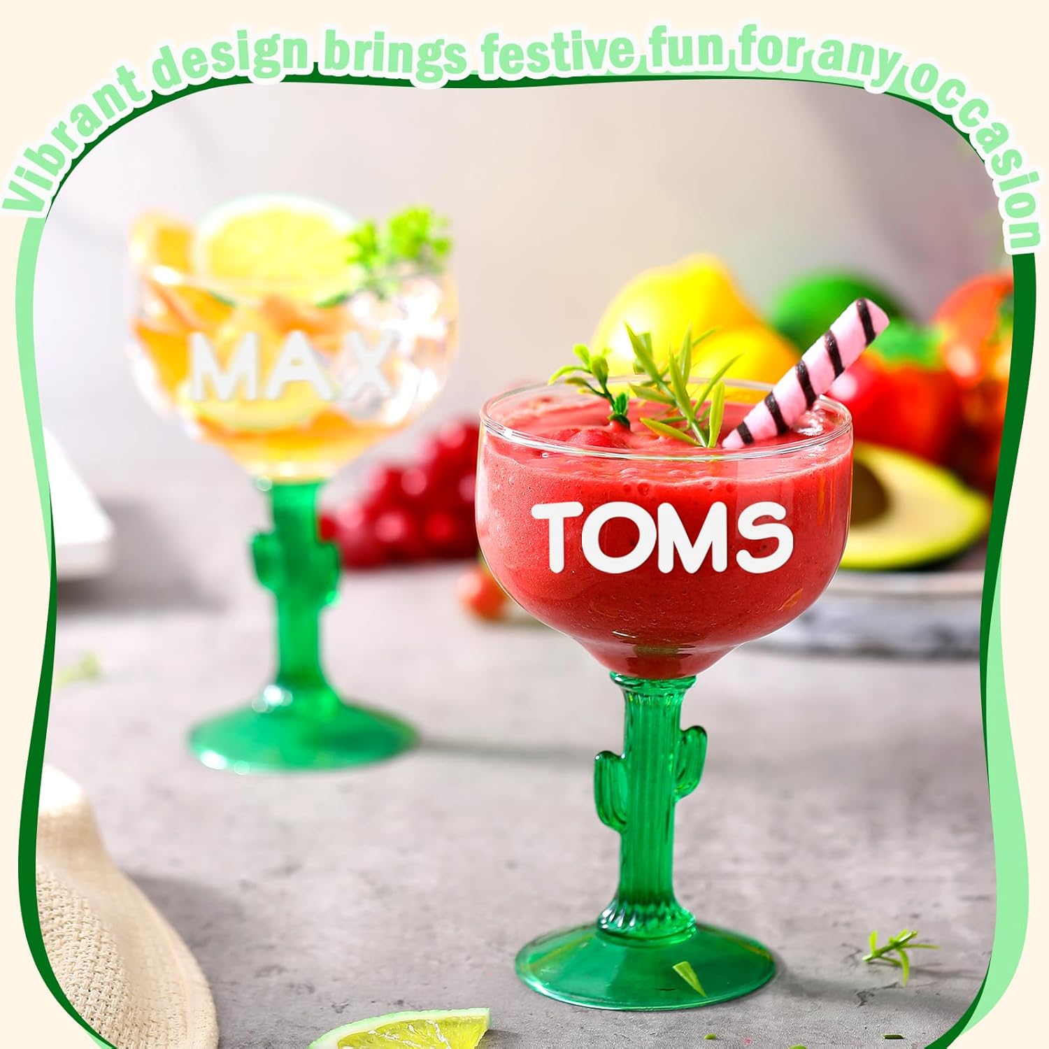 Honeydak 4 Set Cactus Margarita Glasses with Letters Stickers Christmas Party Gift 16 oz Green Stemmed Cocktail Glasses Goblet Reusable Drinkware for DIY Name Plant Outdoor Camping Party Decor - Image 6