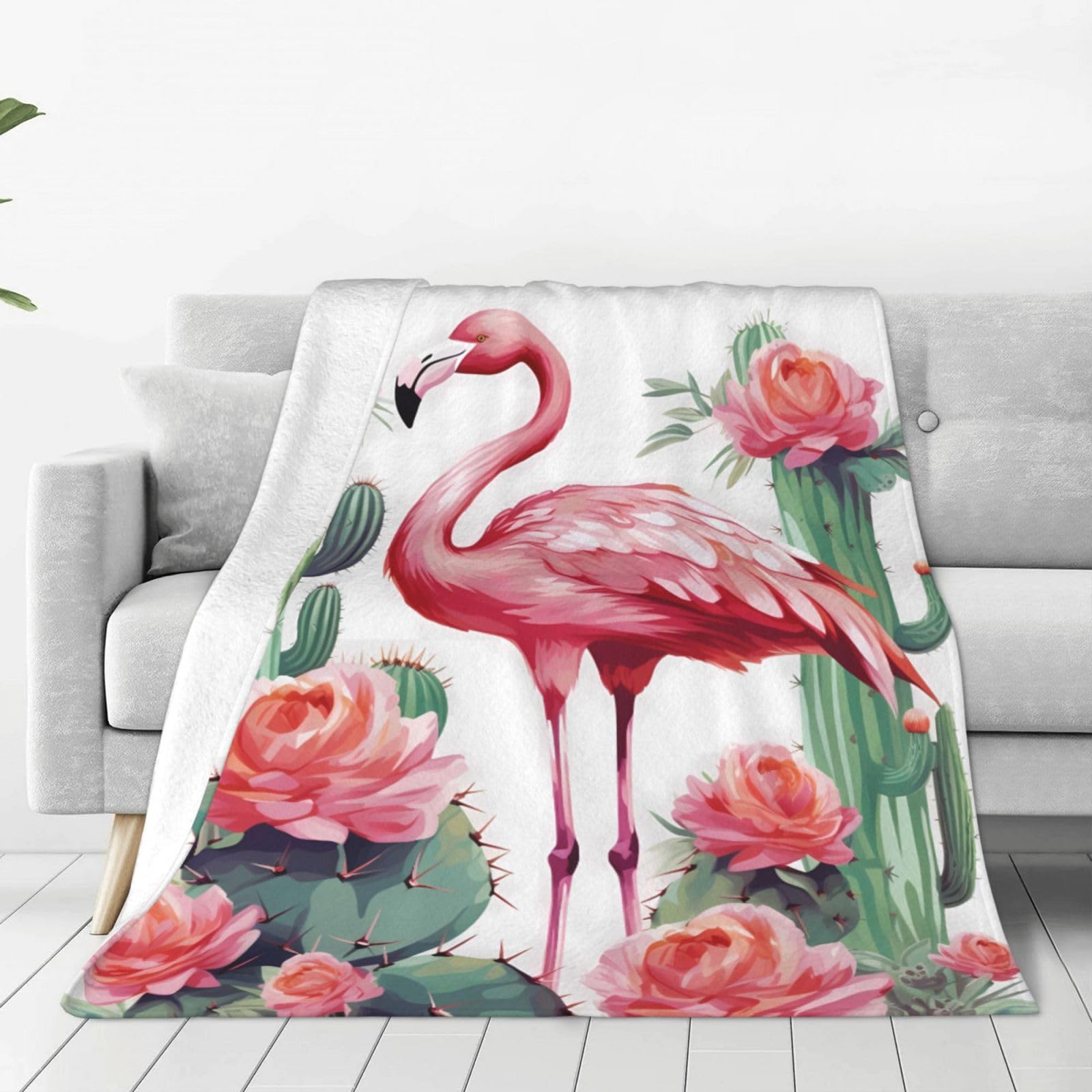 Cactus Flamingo Rose Flowers Throw Blanket for Couch, Plush Fuzzy Soft Flannel Blankets and Throws for Sofa, 40"x30" Bed Blankets for Travel Camping Chair, All Season Warm Fleece Blanket