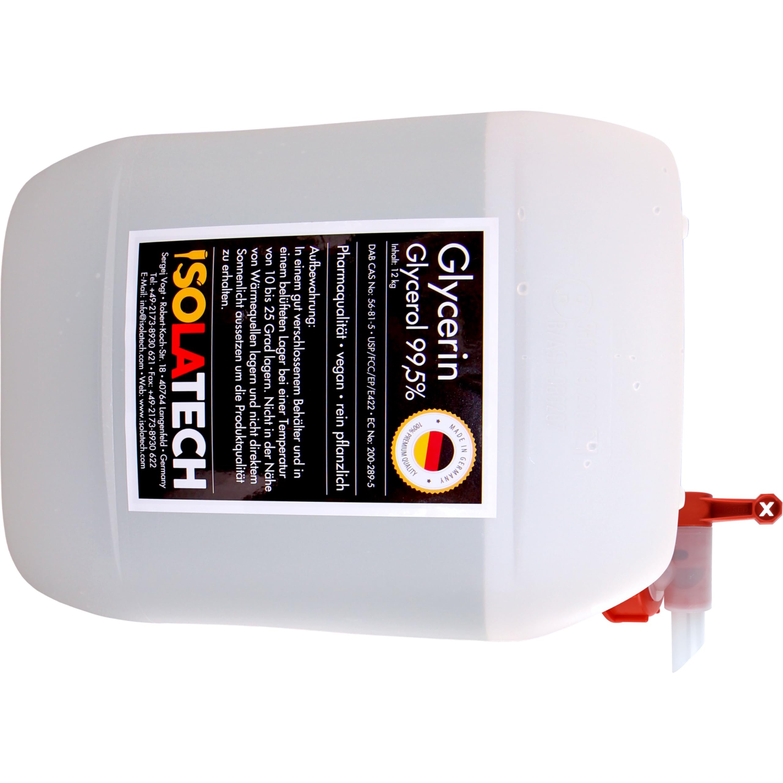 ISOLATECH Glicerina 99,5% Bidón de 10L con Grifo SABEU Fluxx DIN 51 | Glicerol, Calidad Farmacéutica, 100% Vegetal, Pureza 99,98%, Grifo dosificador AH23/51 HF, Fabricado en Alemania