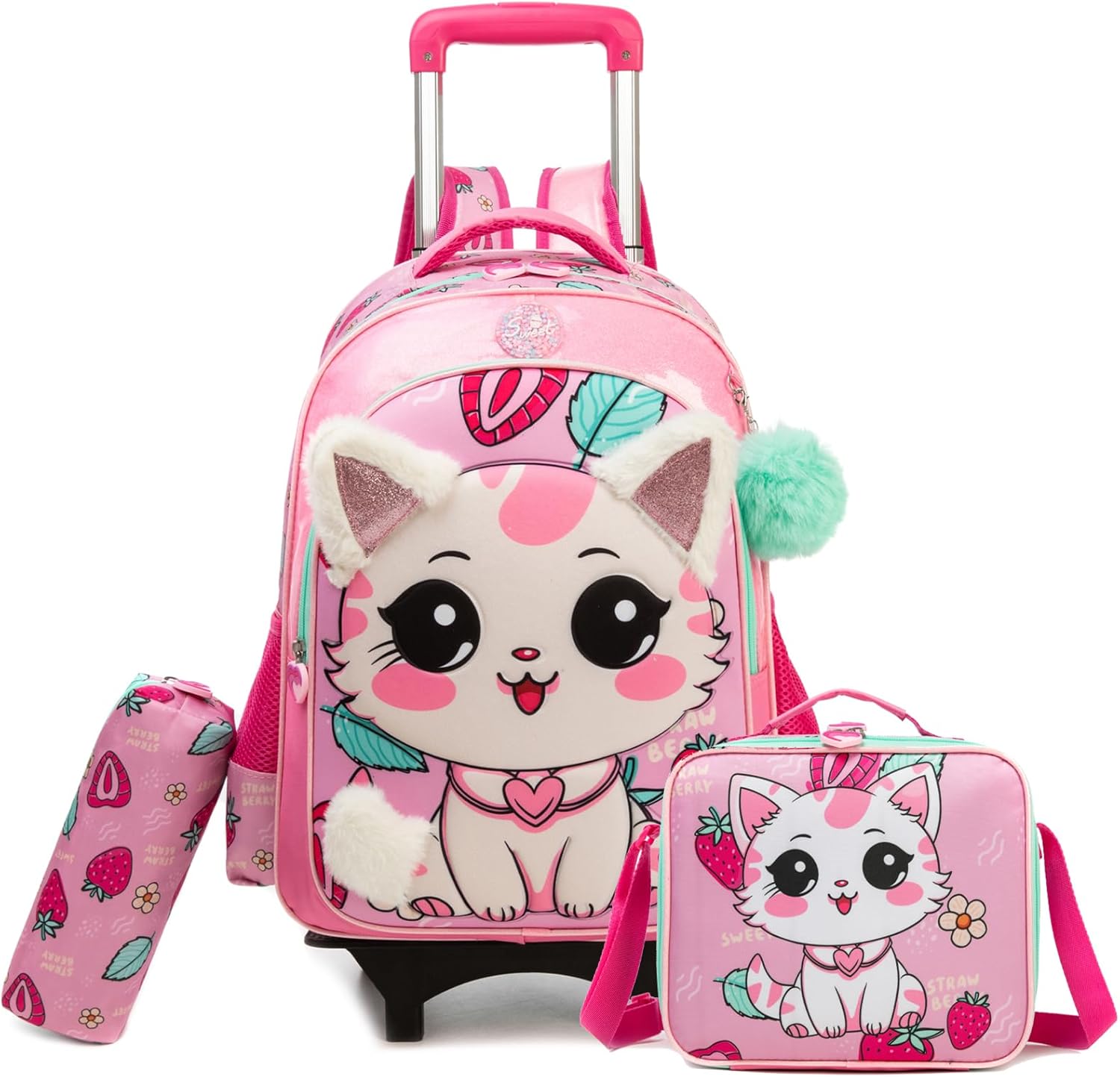 Egchescebo Kids Rolling Plush cat Backpack for Girls Trolley Suitcases Luggage Travel with Wheels Detachable Wheeled 17" 3PCS Roller Backpacks Set Toddler Back Pack School Bags for Elementary Pink