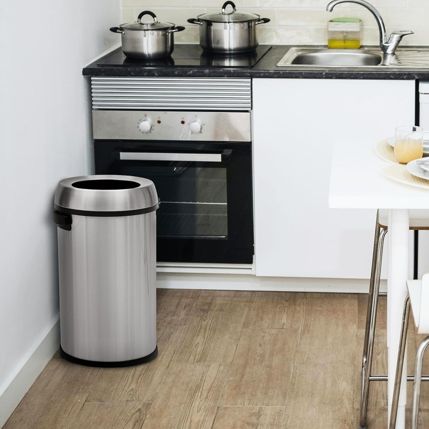 Large 17 Gallon/65L Stainless Steel Trash Bin,Trash Can,Garbage Can, Commercial Grade Waste Bin,Open Top Commercial Waste Container, Heavy-Duty Round Garbage Container for Kitchen,Office,Restaurant