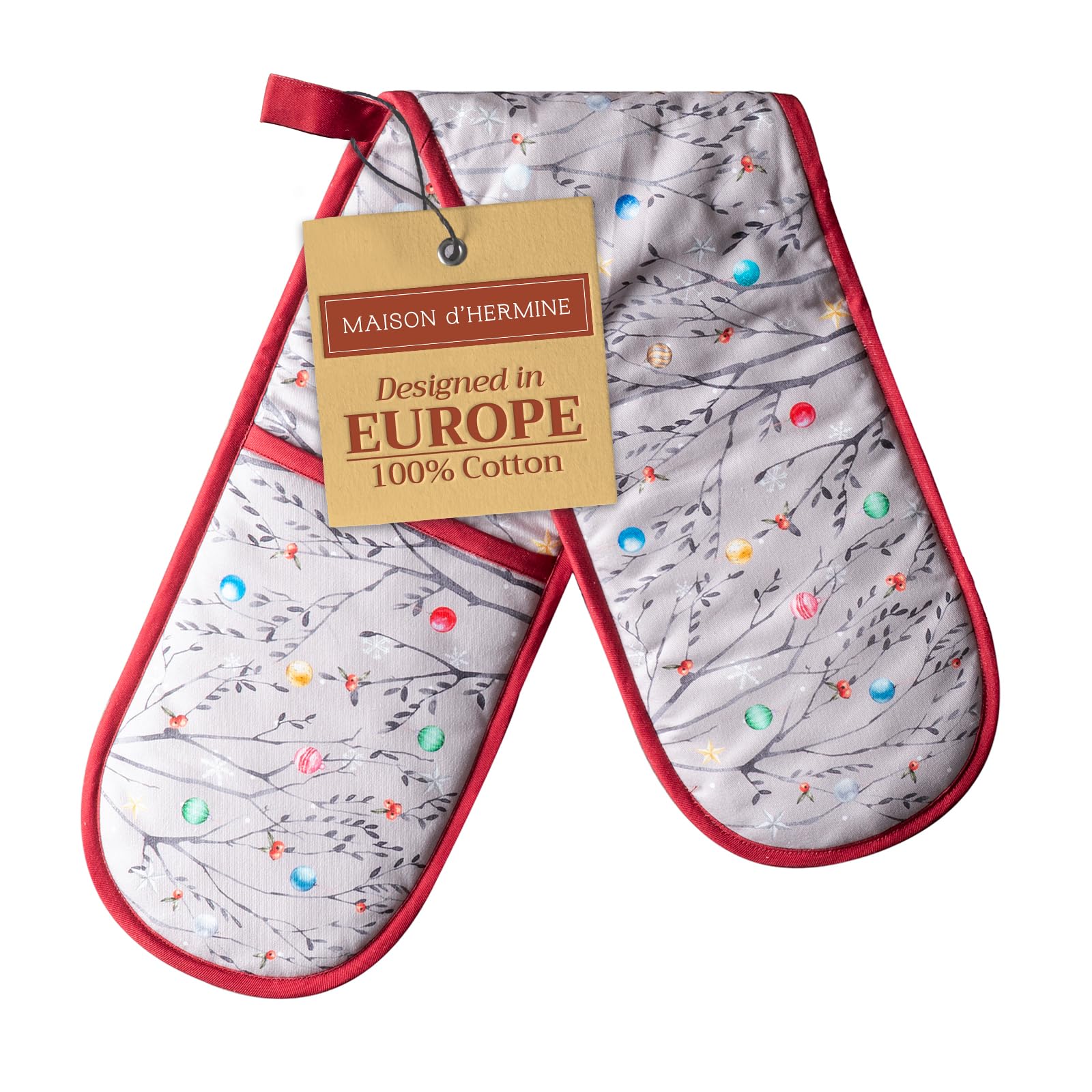 Maison d' Hermine Double Oven Mitt (18 cm x 89 cm) 100% Cotton Heat Resistant BBQ Cooking Gloves with Loop for Christmas Decorations Baking Cooking Barbeque Handling Hot Pan (Fairy Christmas)