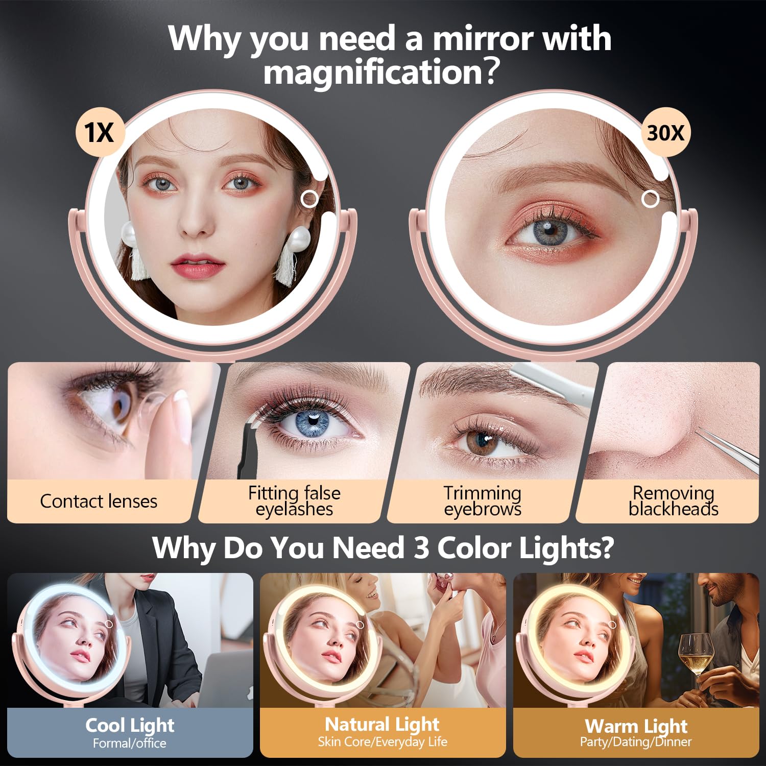 MIYADIVA Specchio per il trucco con luci, specchio ingranditore 20X con luce e interruttore touch, specchio cosmetico con luce a 3 colori e 80 LED, specchio da scrivania regolabile in altezza con luce