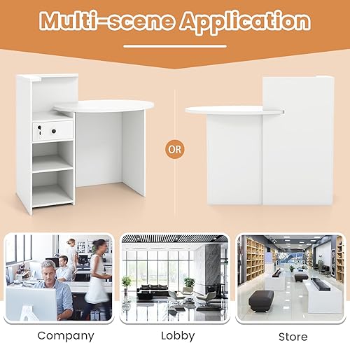 Vista 17 de Tangkula Escritorio de recepción, mostrador frontal con cajón con cerradura y estante ajustable, escritorio ovalado, mostrador minorista para pagar