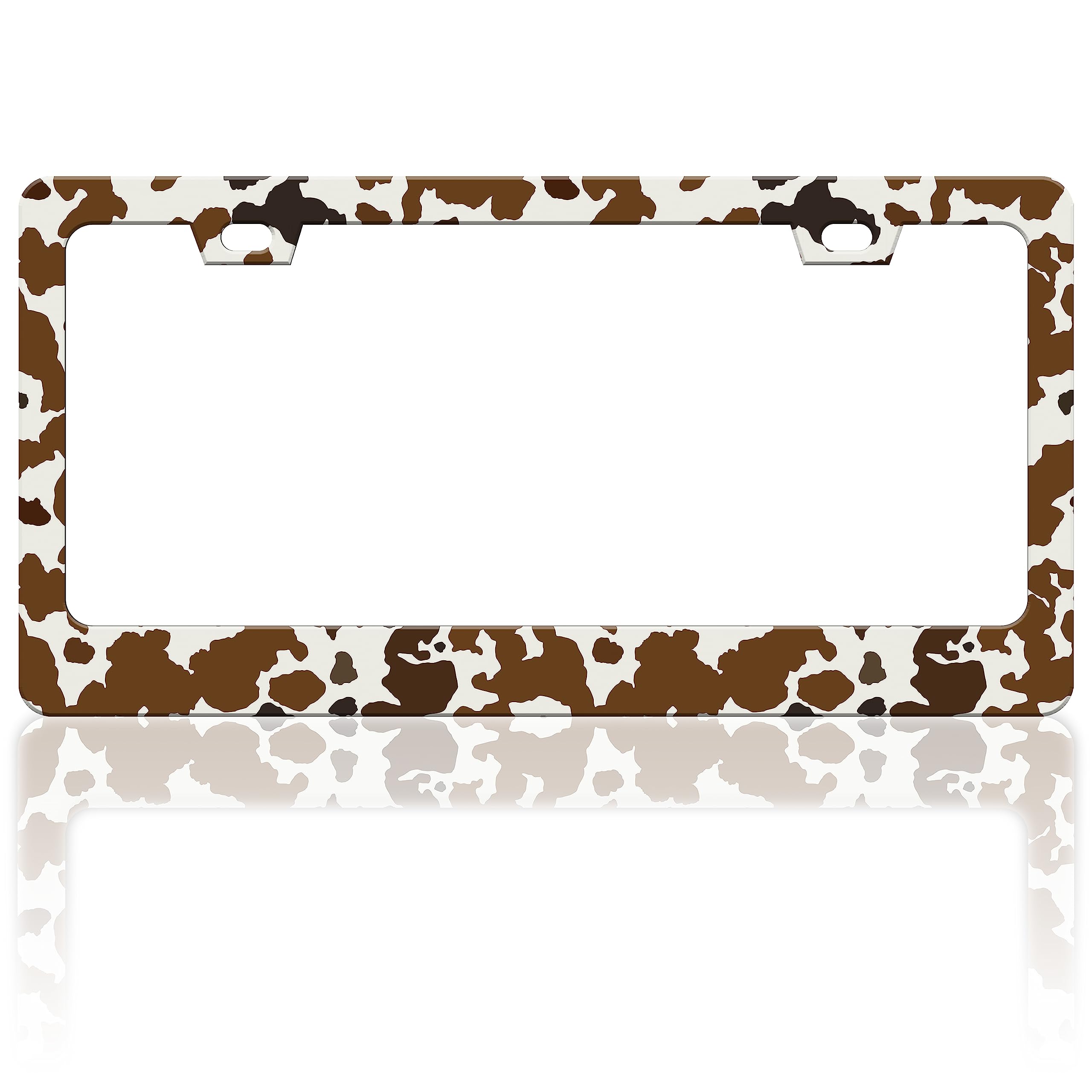 Brown Cow Print License Plate Frame Animal Spots License Plate Frames Funny Auto Accessory Bracket Stainless Steel License Plate for Women Men 6x12 Inch