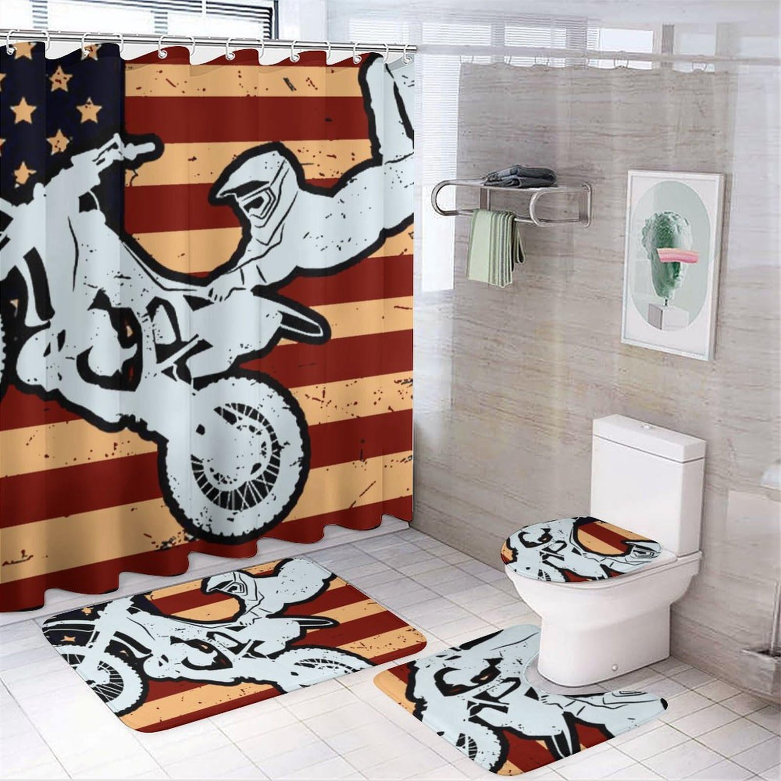 CGSBNGHA Motocross Dirt Bike USA Americans-Flag Shower Curtain Set 4 Piece Bathroom Sets with Rugs Toilet Lid Cover And U-Shaped Floor Mat