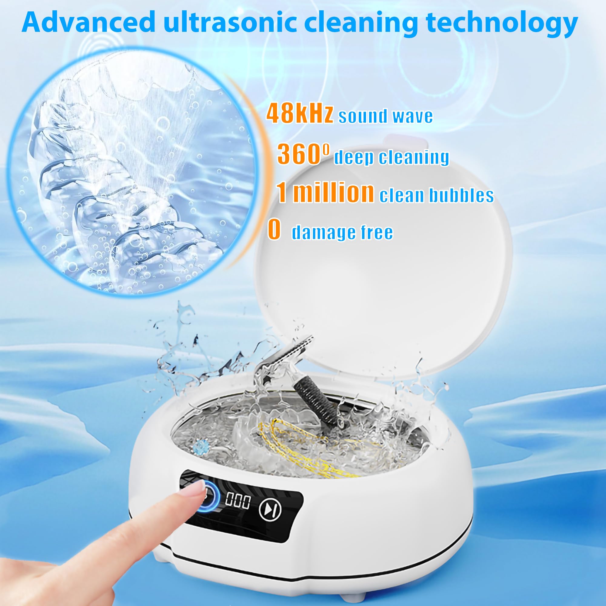 Pulitore ad ultrasuoni a ultrasuoni, 48 kHz, 700 ml, portatile, per apparecchi acustici, paradenti, allineatori, spazzolini da denti, occhiali, gioielli (bianco)