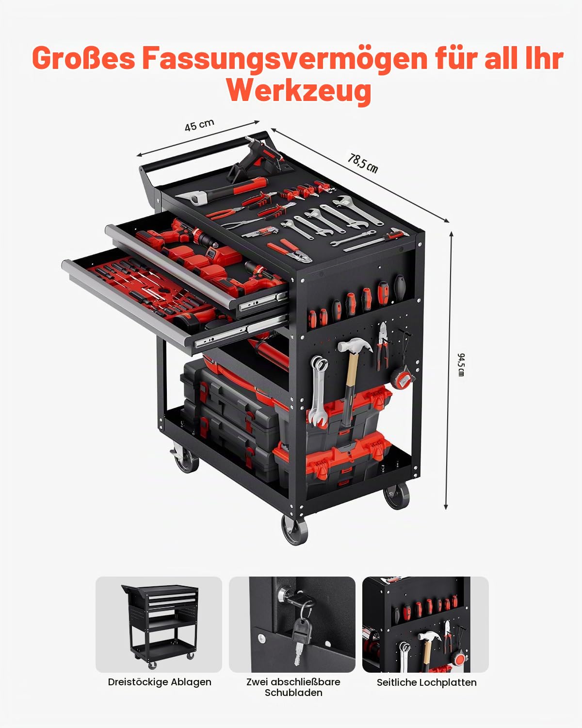 VEVOR Werkzeugwagen 785x450x945 mm, 181 kg Tragkraft, Werkstattwagen mit 2 Schubladen, Aufbewahrungs-Organizer für Mechanikerwerkzeuge, für Garage, Lager & Reparaturwerkstatt, Schwarz | Rollmechaniker-Werkzeugwagen mit 2 Schubladen, Stecktafel und Verrieg