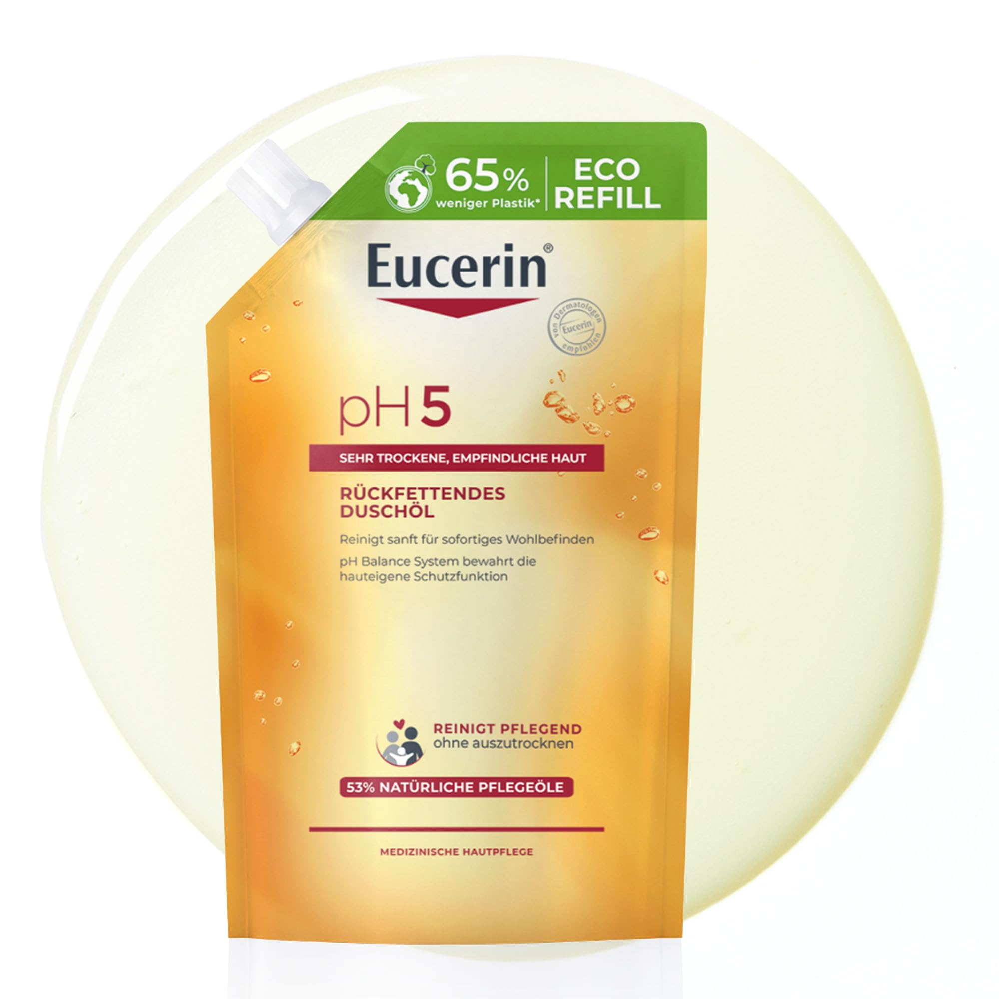 Eucerin pH5 Rückfettendes Duschöl Nachfüllbeutel 400 ml, seifenfreies Duschgel für sehr trockene und empfindliche Haut, für die tägliche Hautpflege mit natürlichen Ölen