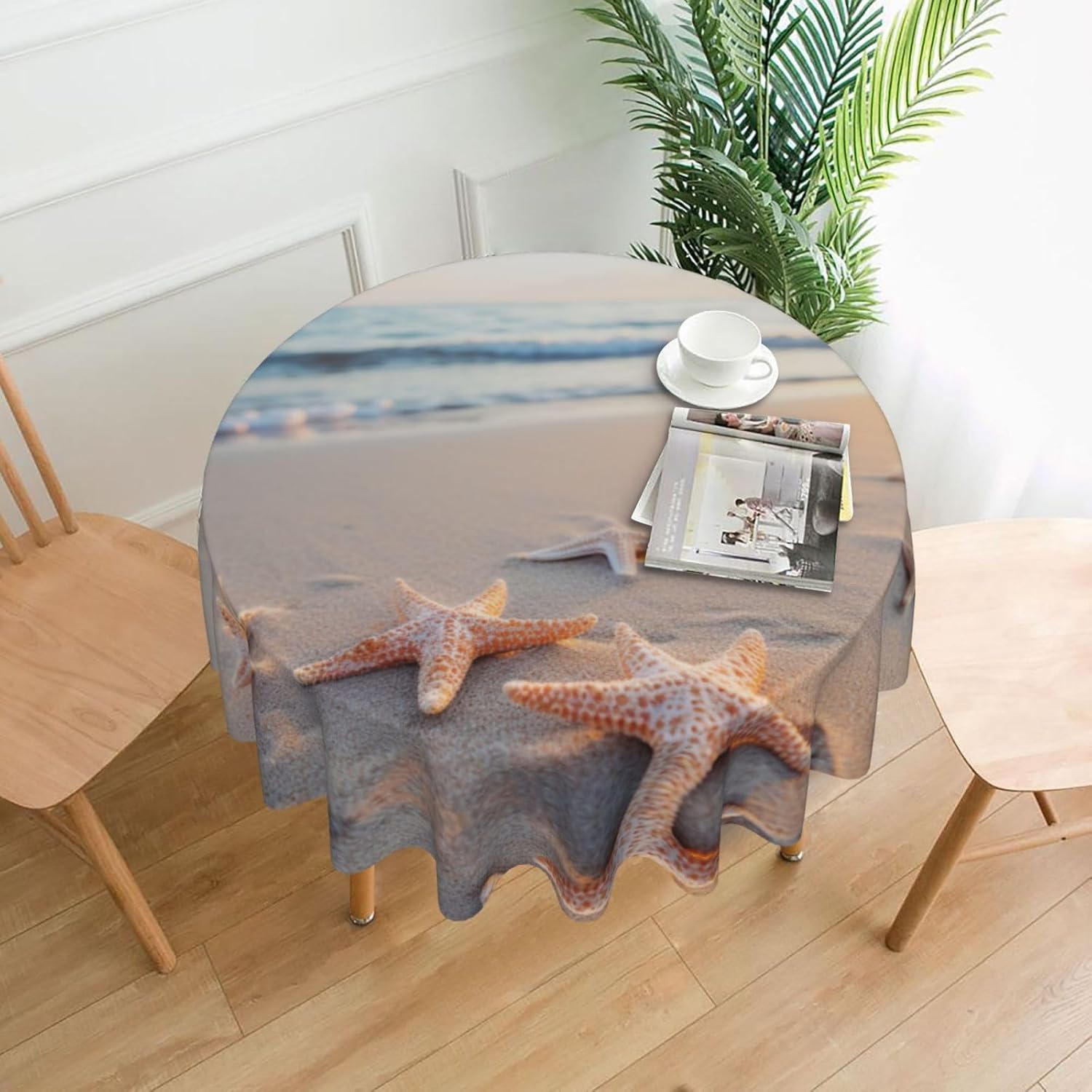 Beach Starfish2 Print Wrinkle Free Dining Table Cover for Birthday Party Farmhouse Tablecloths Up to 60 x 60 Inches