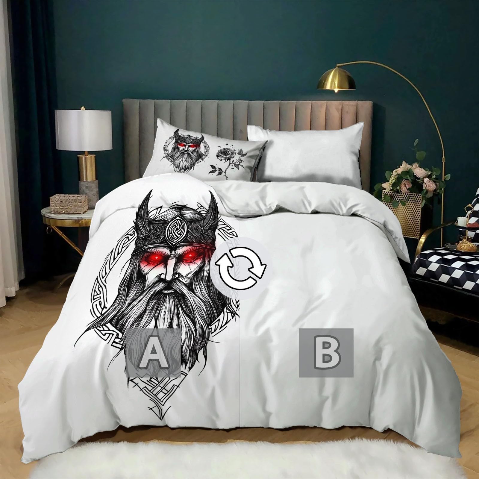 Zestaw pościeli Viking Geometryczna Róża Roślina 220 x 240 cm dla 2 osób, biała poszwa na kołdrę z nadrukiem z mikrofibry dla dziewczynki chłopca - Miękka wygodna pościel z 2 poszewkami na poduszki