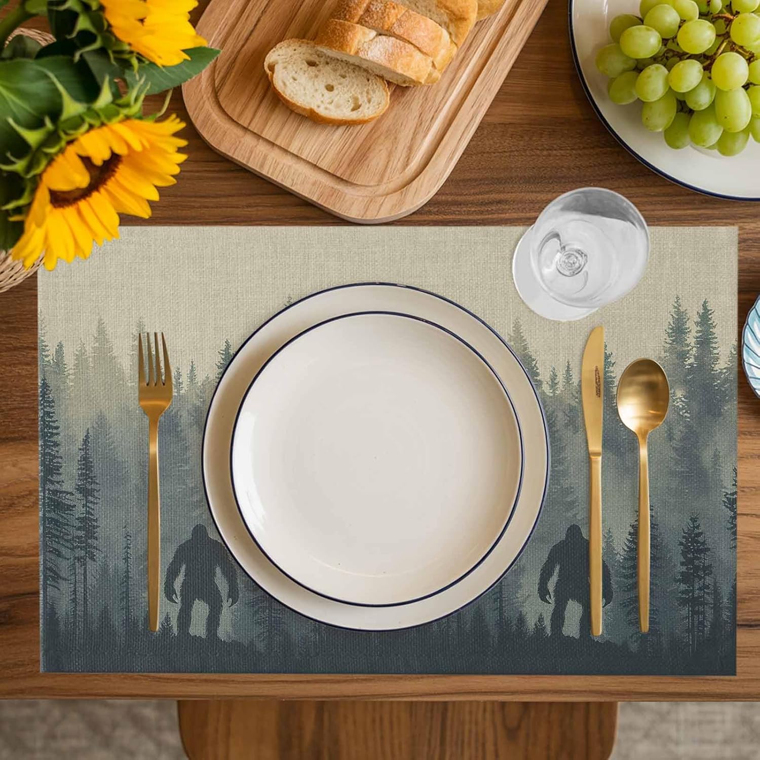 Mysterious Misty Placemats Set of 8 Forest Bigfoot Monster Place Mats Washable Table Mats for Party Kitchen Dining Decoration, 13 X 19 Inch