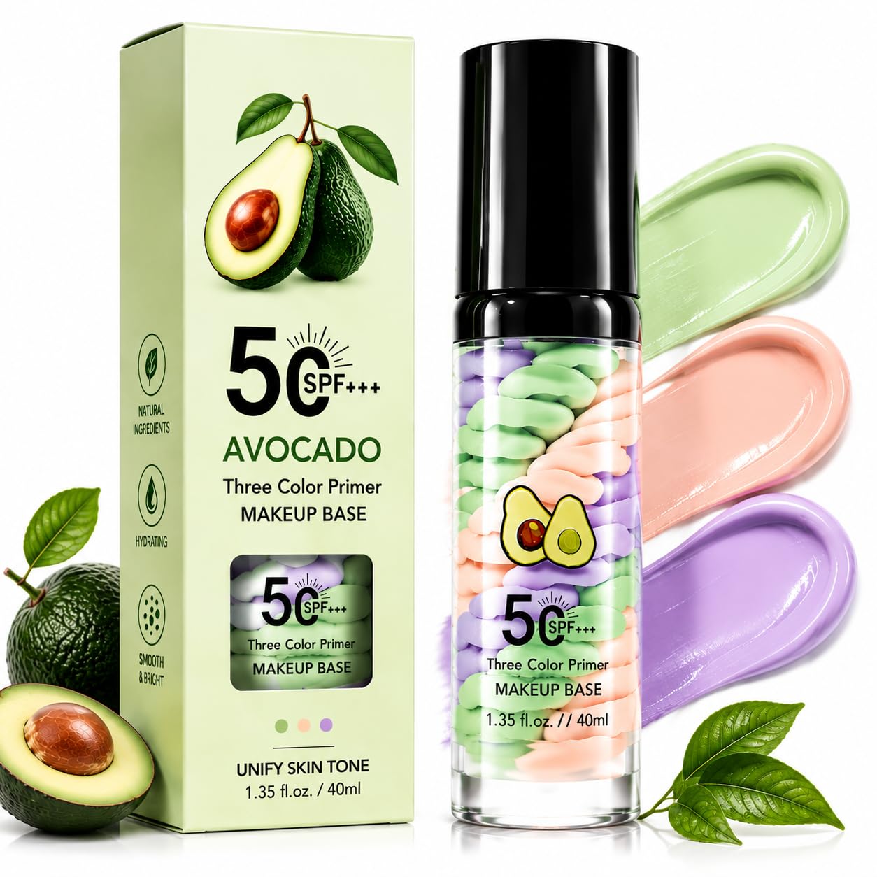 4 In 1 Avocado Primer for Face Before Makeup, SPF 50 PA+ Sunscreen Isolation Cream, Avocado Primer, One Step Color Corrector, Oil Control Moisturizing Corrects Uneven-looking Skin Tone Makeup Base