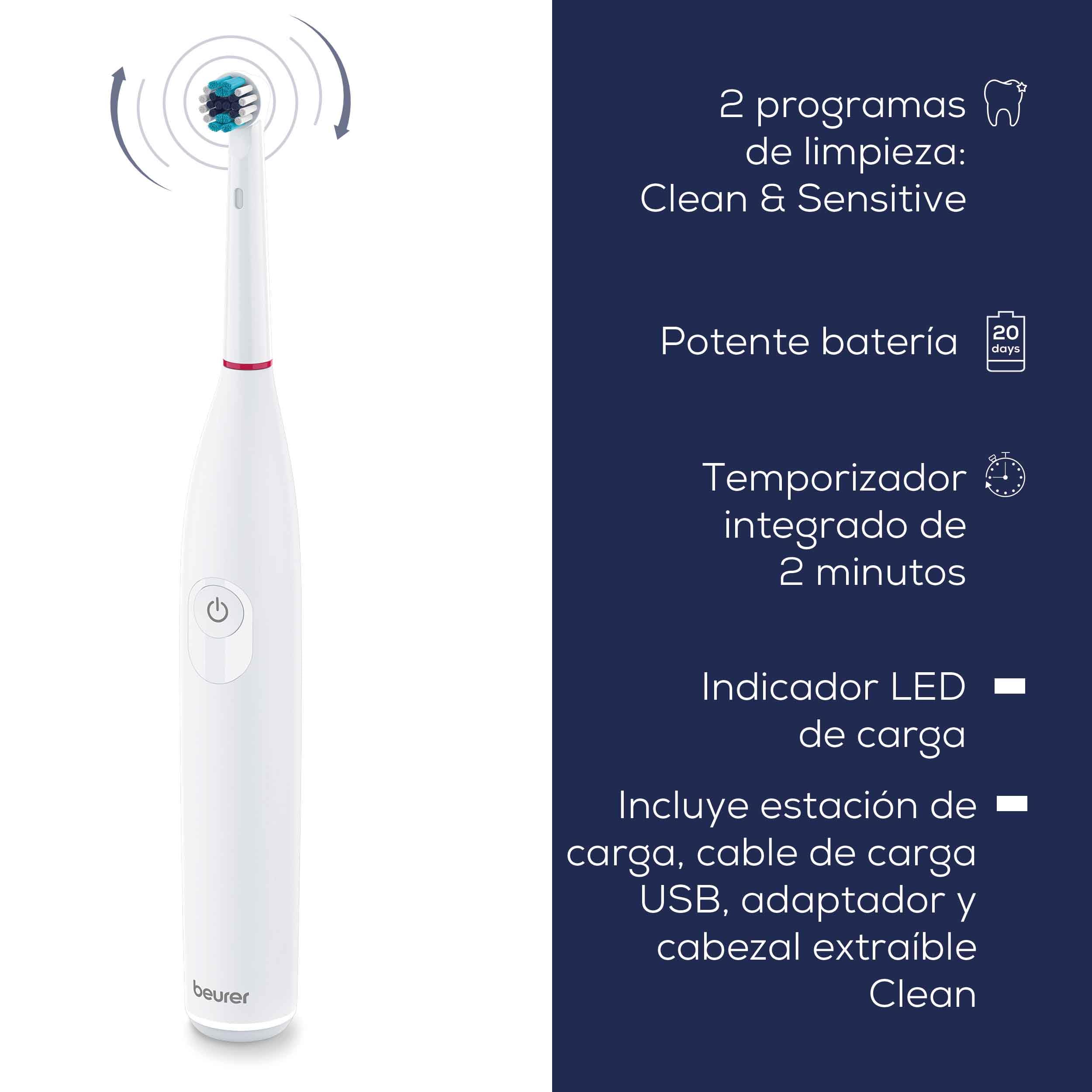 Beurer TB 30 Cepillo eléctrico, 2 programas de limpieza para el cuidado dental, tecnología de limpieza oscilante-pulsante para eliminar la placa, temporizador de 2 minutos, potente batería recargable
