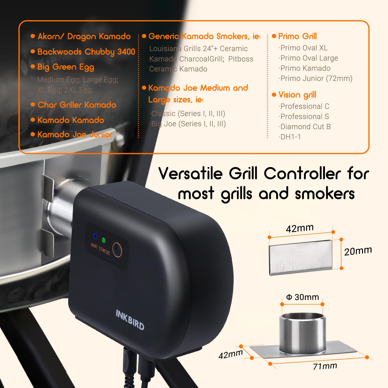 Inkbird Grillgebläse Bluetooth 5.1 und Wi-Fi 2,4 GHz Grillventilator, Automatischer Smoker Grillthermometer mit 4 Sonden Kompatibel mit Big Green Egg, Kamado Joe, Primo, Vision Grill, Akorn Kamado
