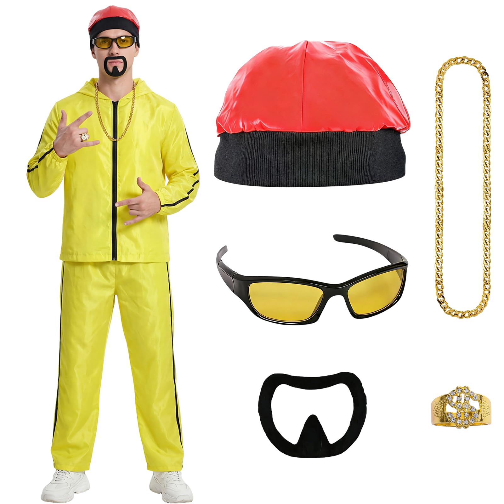 Aleshime 90s Hip Hop Ali G Costume for Men, Funny Rapper Celebrity Fancy Dress Outfit with Tracksuit, Cap, Gold Chain & Ring for Stag Do, 90s Theme Party(S)