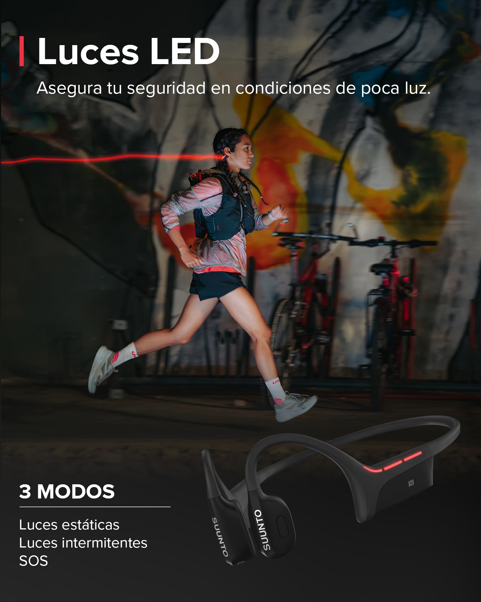 Suunto Wing Open-Ear Auriculares Conducción Ósea, Auriculares Deportivos Inalámbricos Bluetooth, Control Movimiento Cabeza, Micrófono HD Incorporado, Resistente al Desgaste IP67, Luces Seguridad