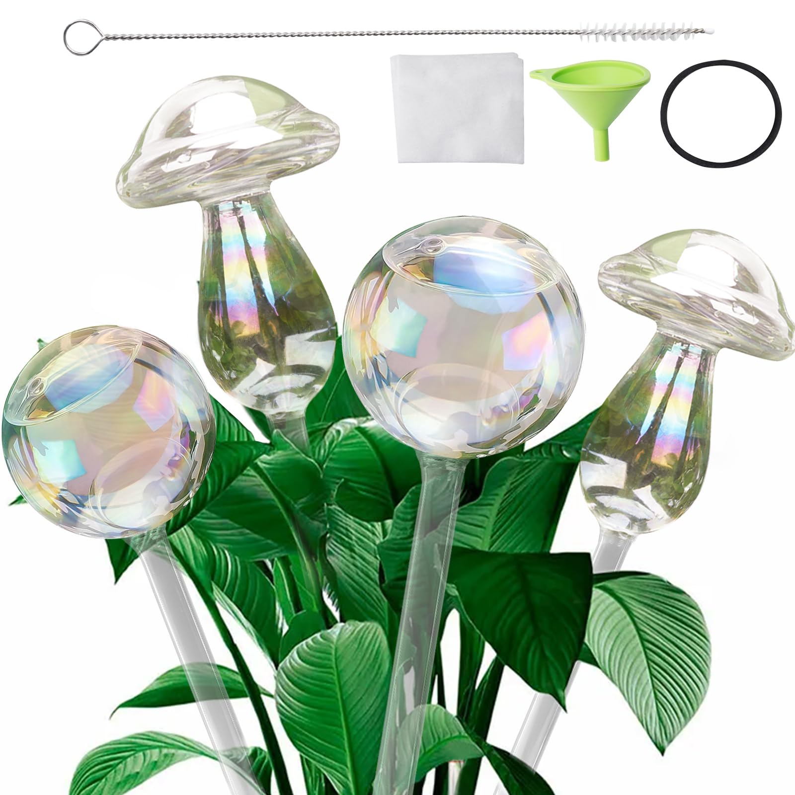 Plant Watering Globes 4PCS, Self Watering Globes 9 Inch Large Iridescent Glass Plant Waterer Device Rainbow Gradient Color Clear Mushroom Plant Watering Bulbs for Indoor & Outdoor Plants