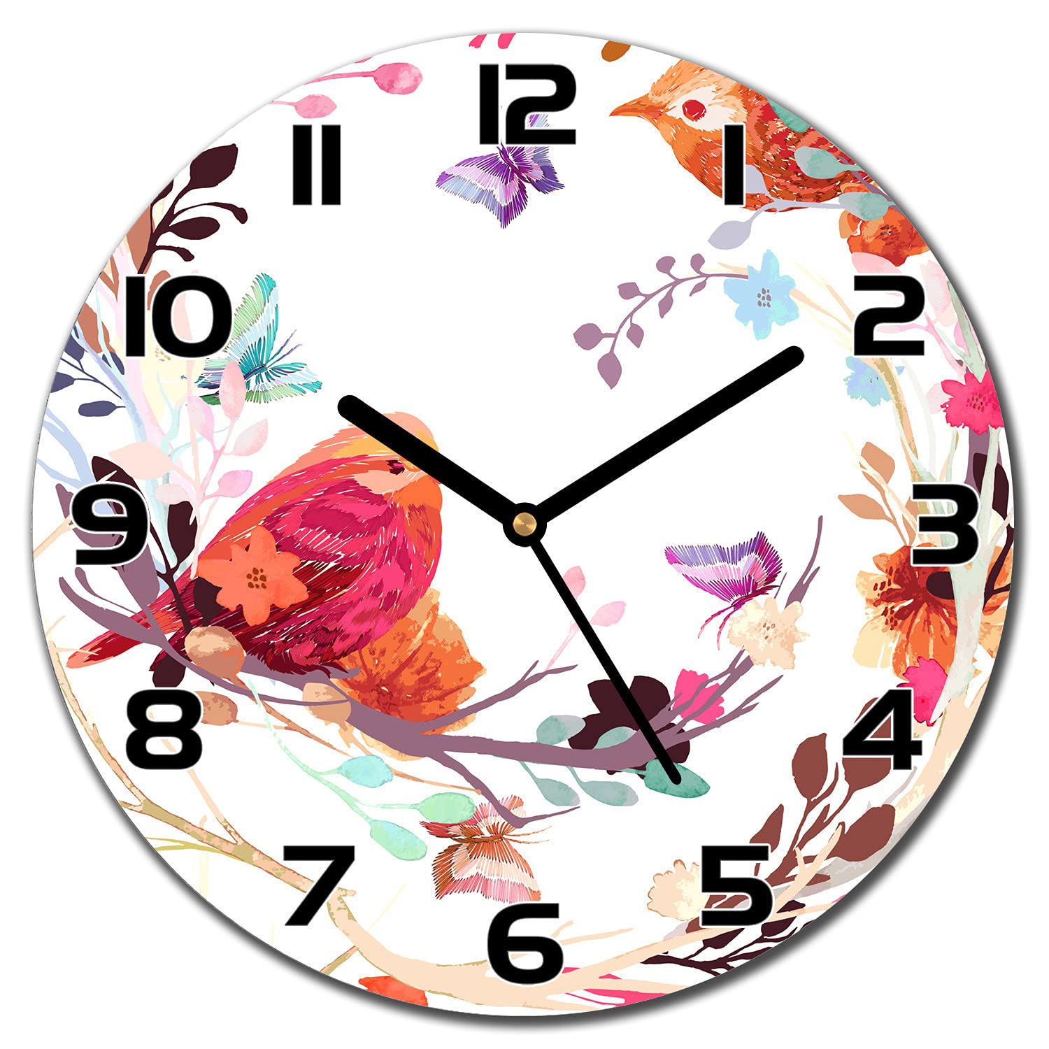 Horloge en Verre 30 cm Oiseaux sur Branche - Pendule Murale Cuisine & Salon Moderne Coloray