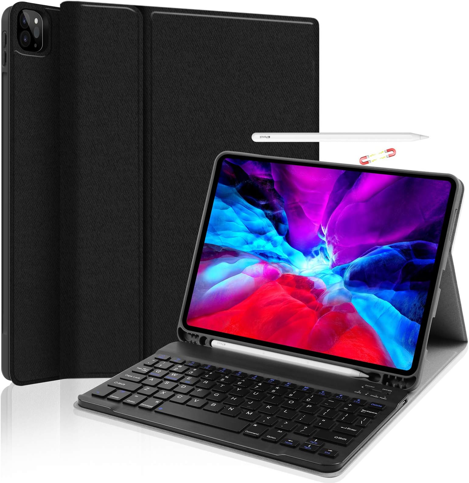 JUQITECH iPad Pro 11 2021 2020 Keyboard Case Case with Wireless Keyboard - Support Pencil Charging Holder Detachable Keyboard Flip Stand Cover for iPad Pro 11 Inch 3rd Gen 2021 / 2nd Gen 2020, Black