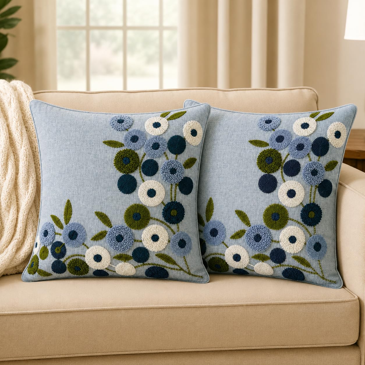 ELORA Tufted Cushion Cover | Textured Embroidered Decorative Accent Cushion | Artisanal Home Décor for Living Room & Bedroom | Concealed Zipper Closure | 16 x 16 Inches (2, Bloom Cascade-Blue)