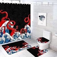 Vista 2 de Juego de 4 cortinas de ducha náuticas de pulpo, tentáculos Kraken rojos, vida marina marina con alfombras antideslizantes, cubierta de tapa