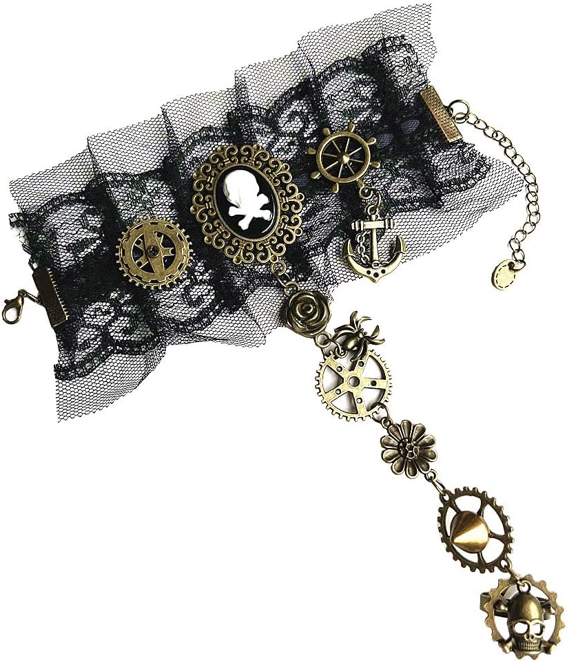 MIUNIKOWomen Gothic Pirate Skull Steampunk Gear Bracelet Jewelry Accessory Wristband with Finger Ring