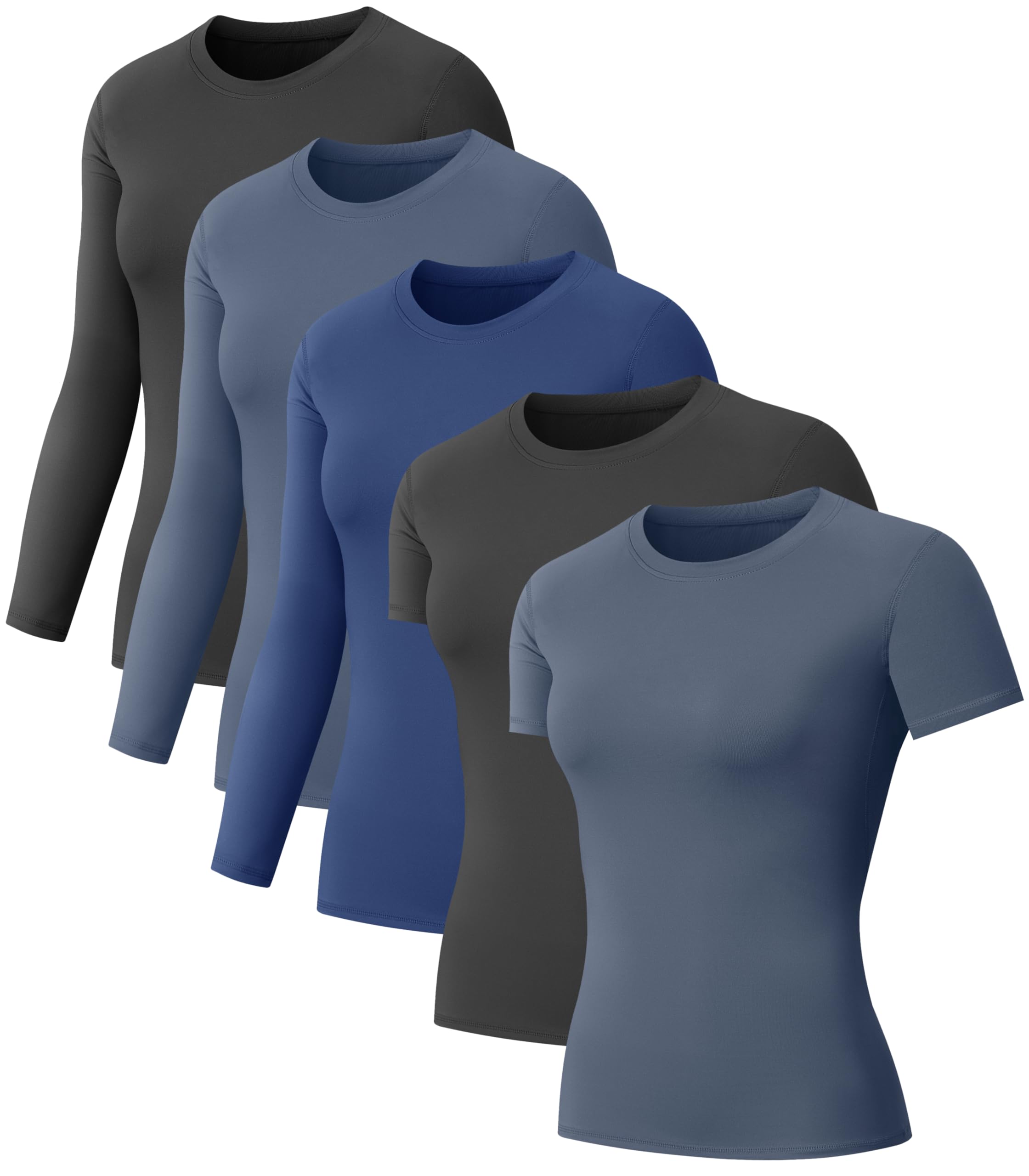 NebuKinex 5-Pack Women's Compression Shirts Long & Short Sleeve Workout Tops Athletic Baselayer Quick Dry Gym Yoga Running T-Shirt SetA Small