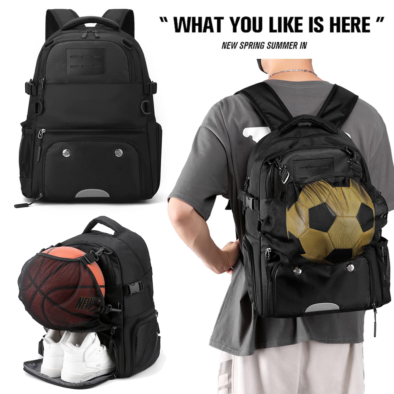 Zaino da basket con scomparto a sfera separato e scomparto per scarpe si adatta al computer portatile da 15,6 pollici con borsa portatile extra una pompa a sfera a mano e 2 aghi