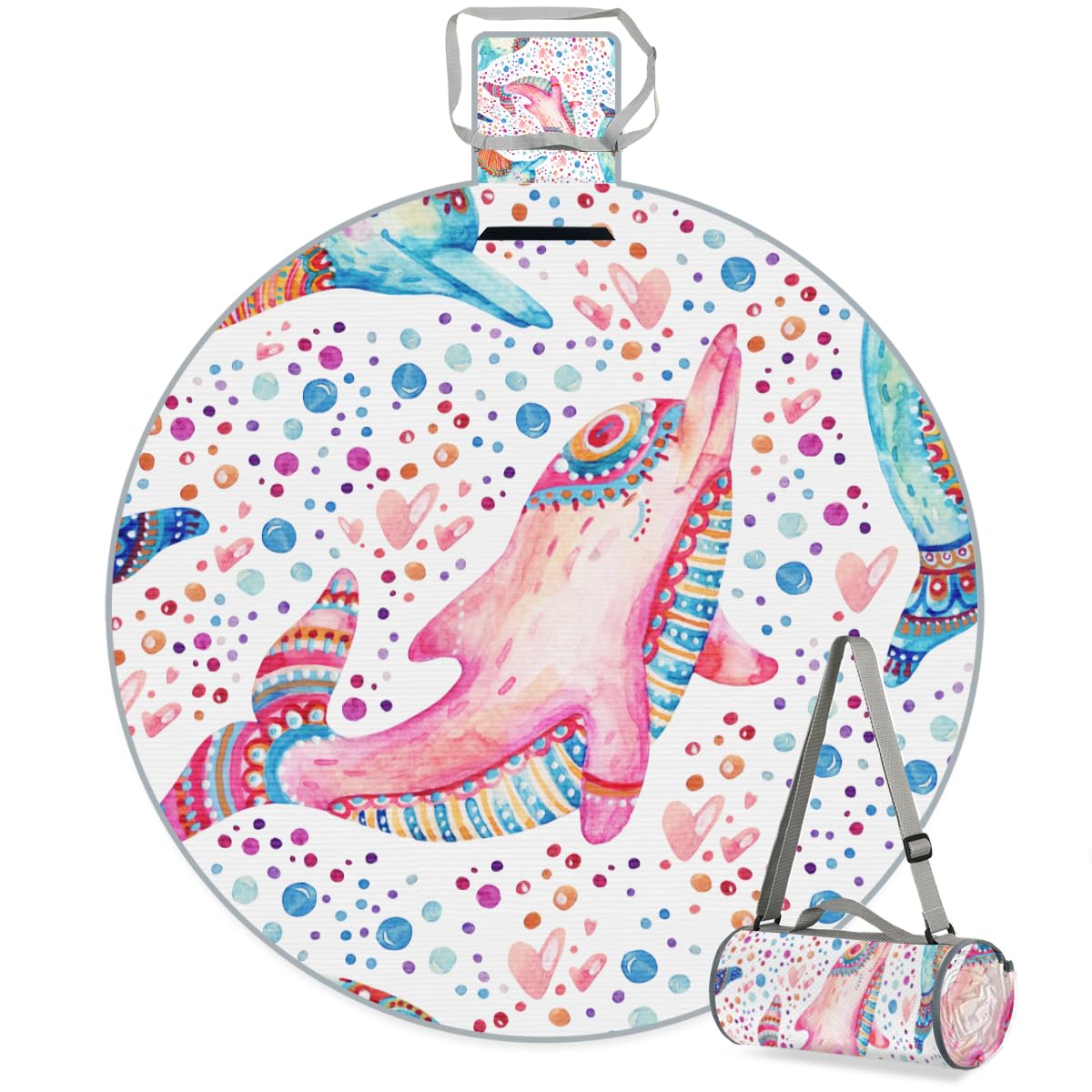 Shimoshe Colorful Polka Dot Whale Picnic Outdoor Blanket Foldable Waterproof Sandproof Beach Blanket Portable Water-Resistant Round Picnic Mat for Travel Camping Park Lawn