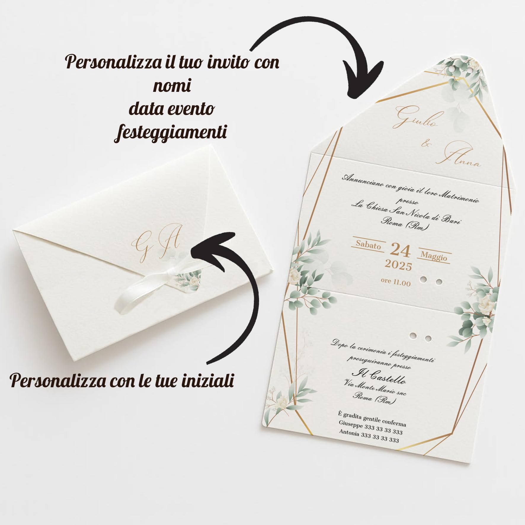 PV Grafik® 15 Partecipazioni Matrimonio Personalizzate, Inviti Matrimonio a Busta, Invito Partecipazione Nozze, Sposi, 15x28 cm Nastrino inclusa, Personalizza invito e scegli la quantità. (M40)