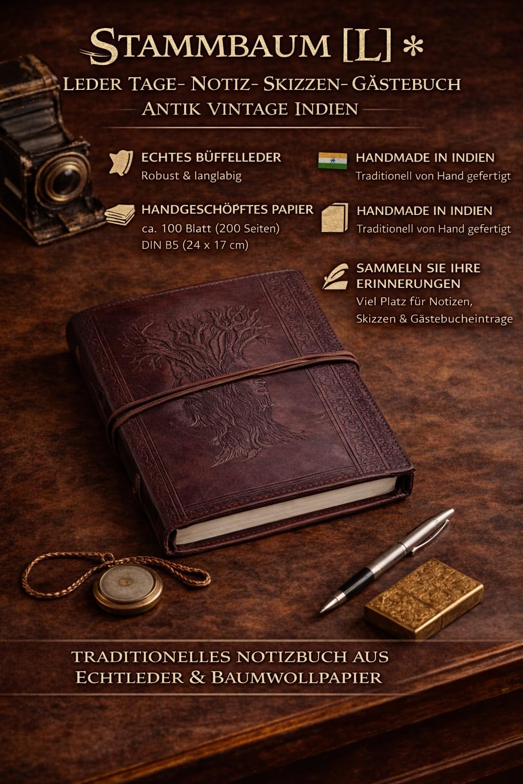 ROOGU Stammbaum [L] * Leder Notiz- Gäste- Skizzenbuch Handmade in Indien – Baum des Lebens Prägung – B5 Format