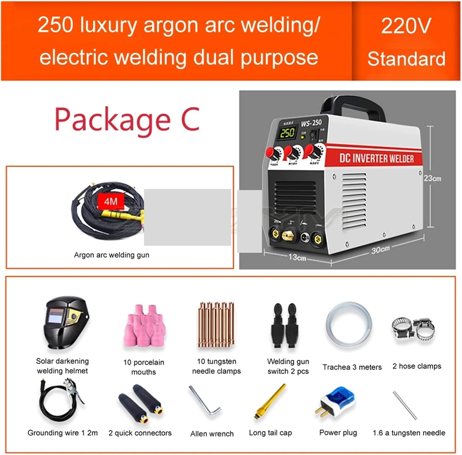 Image showing the contents of Package C for the WS-250 welding machine, including the welder unit, argon arc welding gun, solar darkening welding helmet, porcelain mouths, tungsten needle clamps, welding gun switch, trachea, hose clamps, grounding wire, quick connectors, Allen wrench, long tail cap, power plug, and tungsten needle.