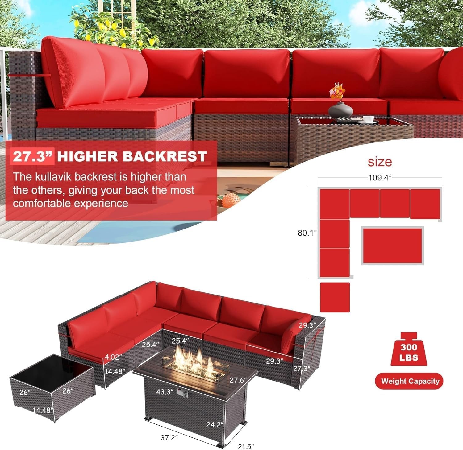 8 Pieces PE Rattan Sectional Sofa Set with Manual Wicker Couch, Outdoor Patio Conversation Set Featuring 43 Inch Gas Fire Pit Table for Backyard Garden Deck Lounge Gathering Space
