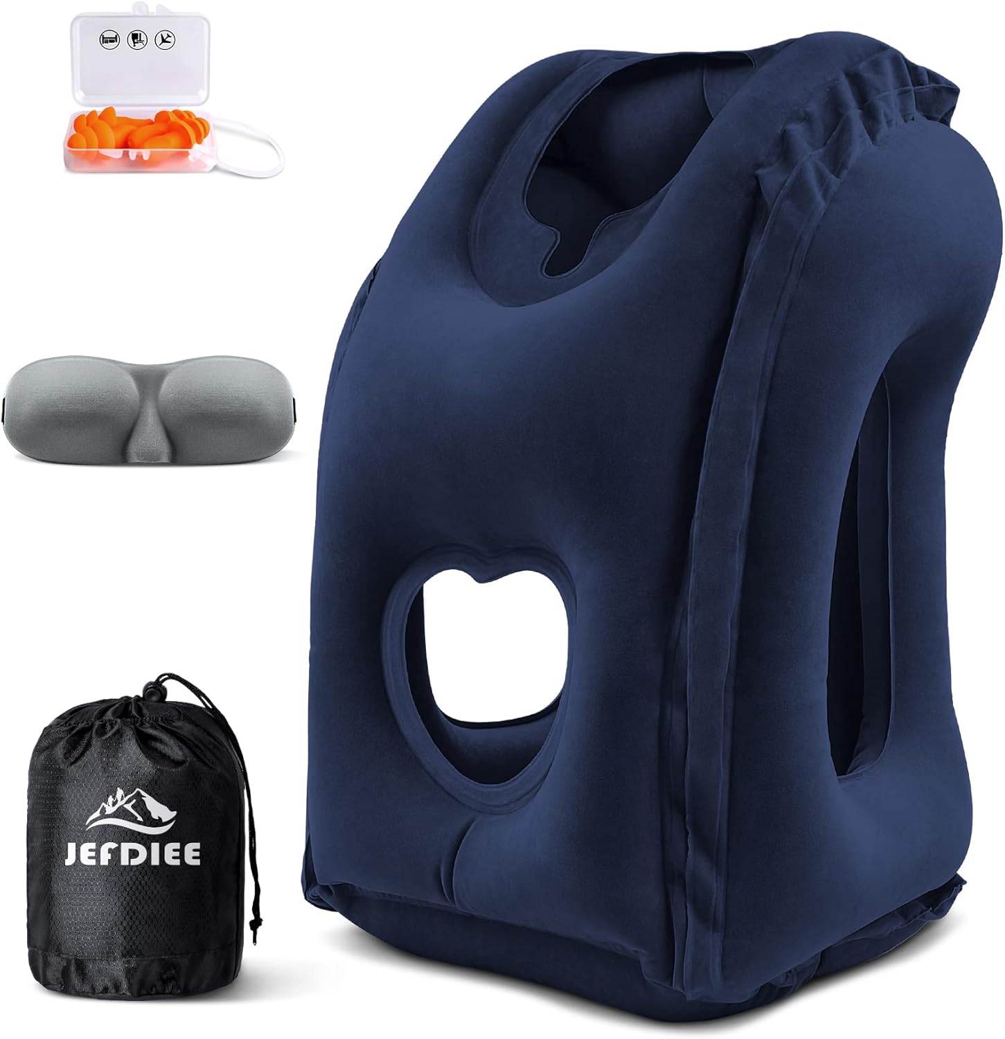 JefDiee Inflatable Travel Pillow, Airplane Neck Pillow Comfortably Supports Head and Chin for Airplanes, Trains, Cars and Office Napping with 3D Eye Mask, Earplugs and Portable Drawstring Bag (Blue) Medium Blue