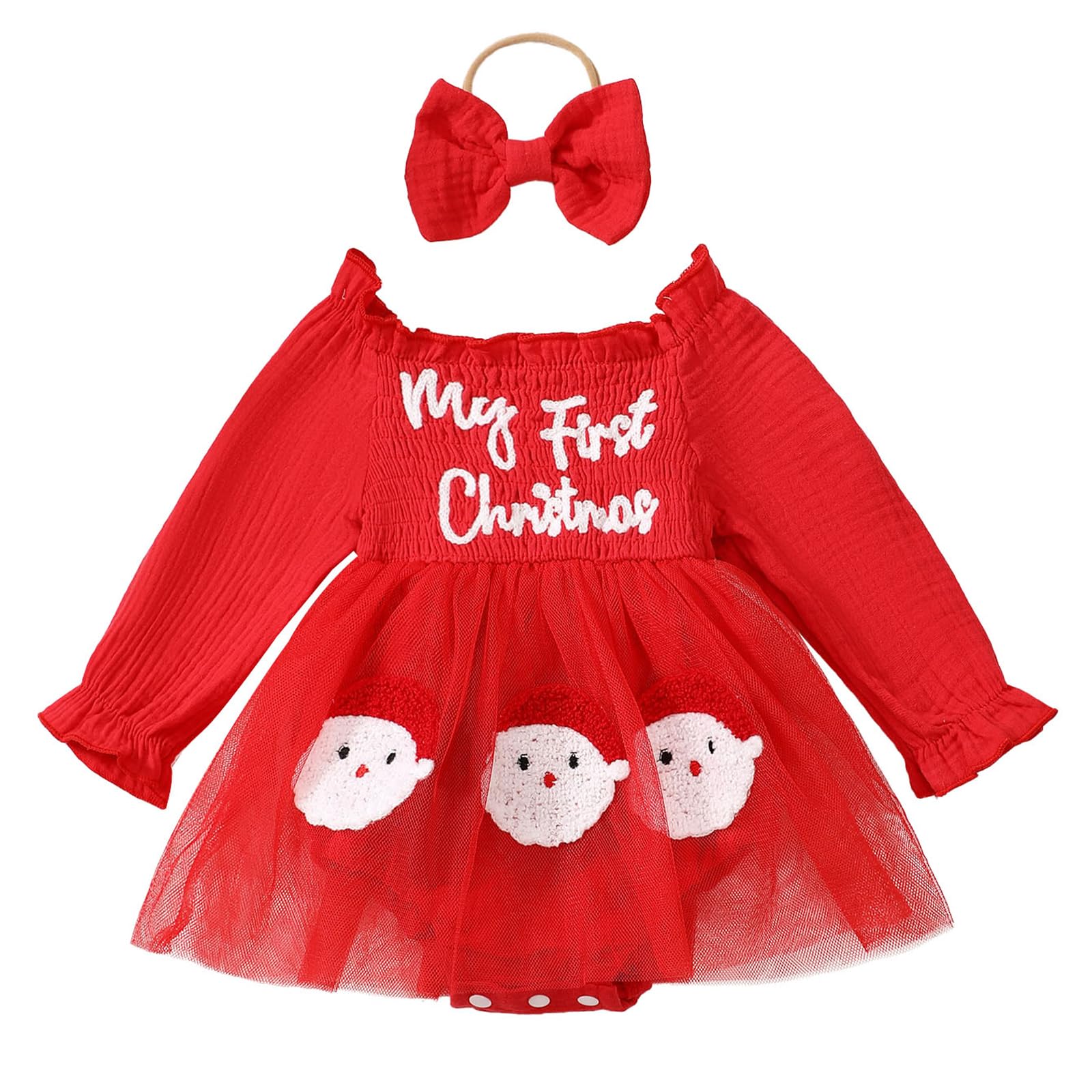 Newborn Baby Girl Christmas Outfit My First Christmas Romper Santa Baby Tulle Dress Headband Infant Xmas Clothes (Red, 9-12 Months)