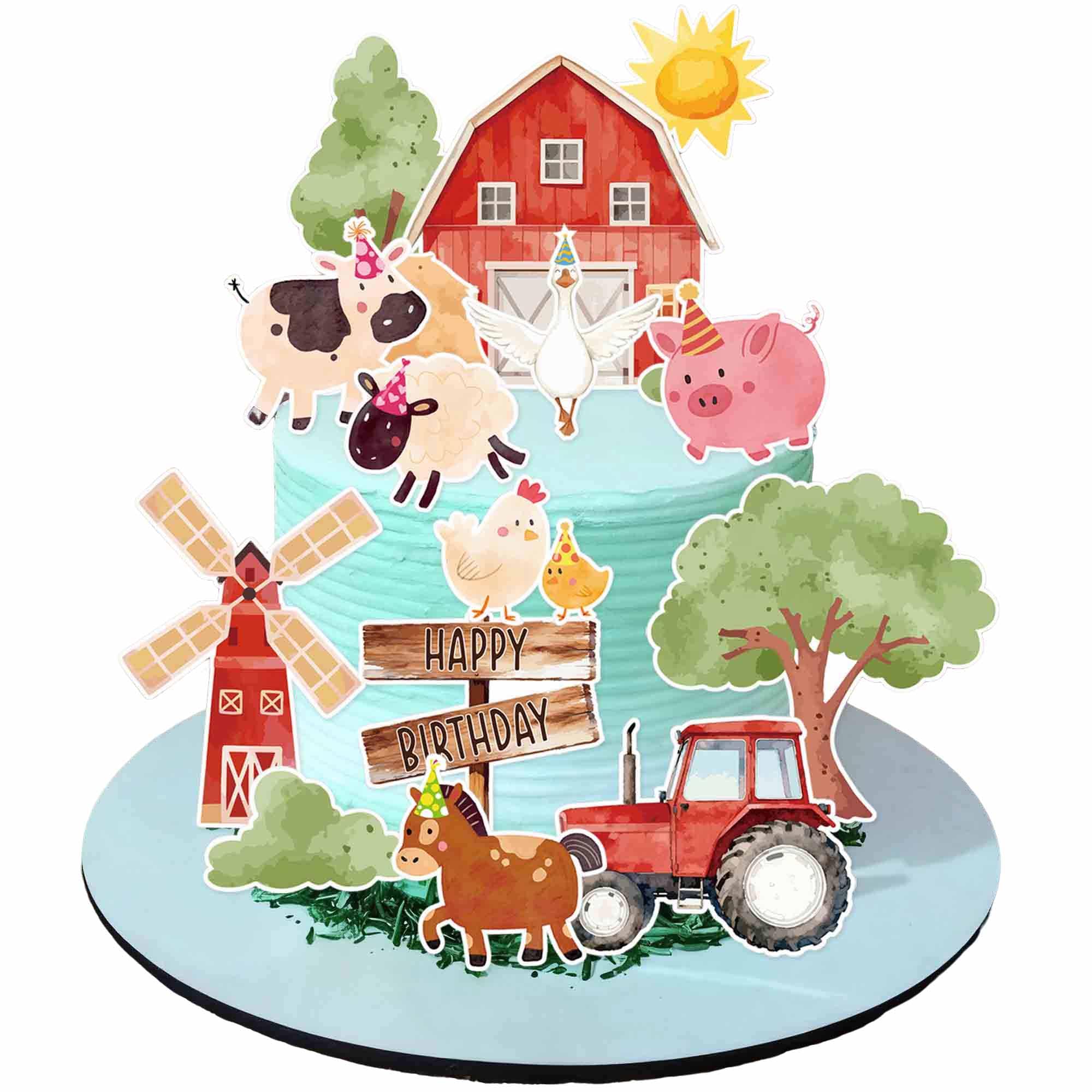 Photo 1 of 16PCS Farm Animal Birthday Cake Decorations, Farm Animal Party Cake Toppers Set with Barn Tractor Trees Cow Horse Sheep Pig Chicken Duck Cardouts