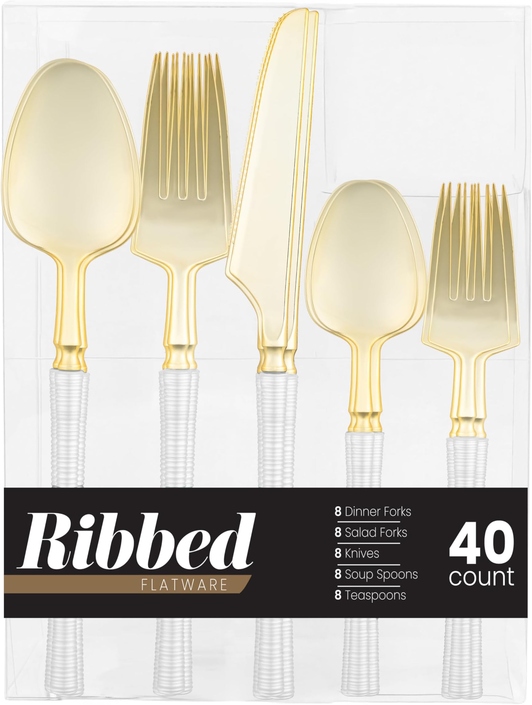 PLASTICPRO 80 Pieces Plastic Silverware Ribbed Elegant Premium Heavy Duty Pearl White & Gold Plastic Cutlery Set, Fancy Disposable Flatware