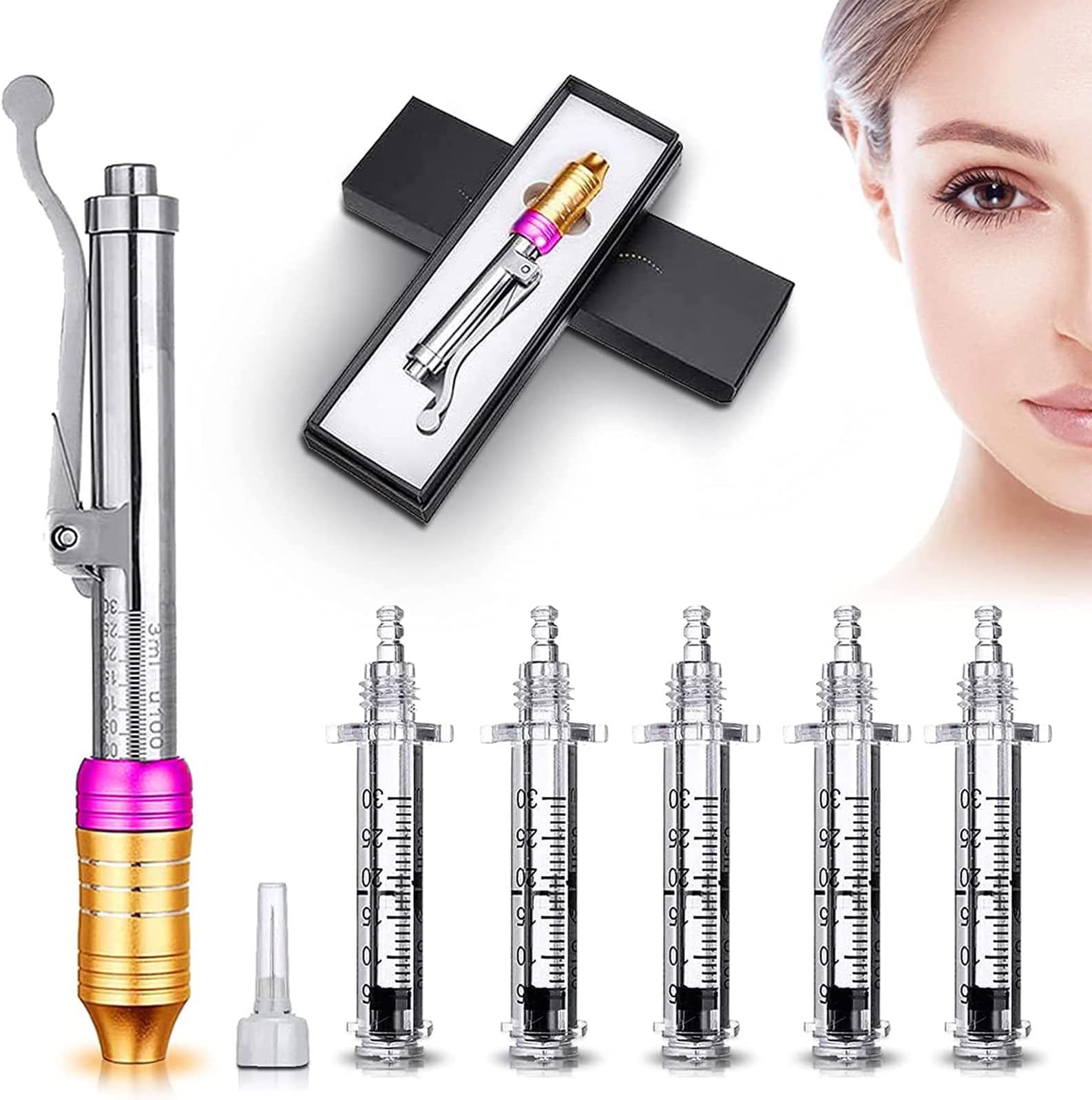 Hyaluron Pen Kit with 5 ampoules 0.3ml Hyaluronic Acid Injection Pen Massage Atomizer Nebulizer Non Invasive Wrinkle Removal Water Needleless Syringe Needles Free Pain Free Anti-Wrinkle