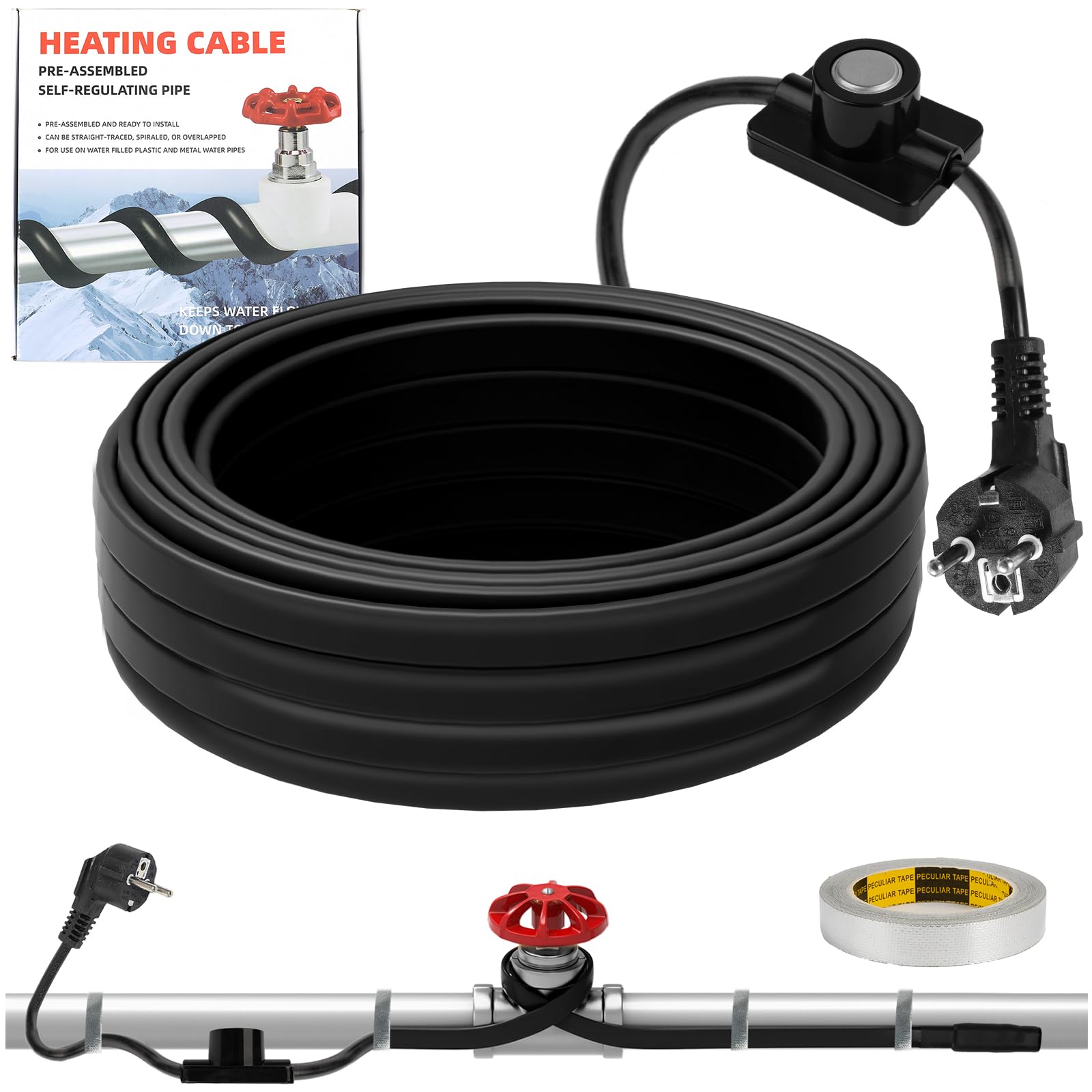 XDOVET Heizkabel für Wasserleitungen 25W/M, 6M Heizkabel mit Thermostat, Rohrbegleitheizung, 230V Frostschutz Begleitheizung Wasserleitung aus Metall und Kunststoff